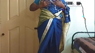 des indian horny cheating tamil telugu kannada malayalam hindi join in matrimony vanitha wearing blue colour saree  showing big boobs with an increment of shaved pussy press hard boobs press nip rubbing pussy masturbation